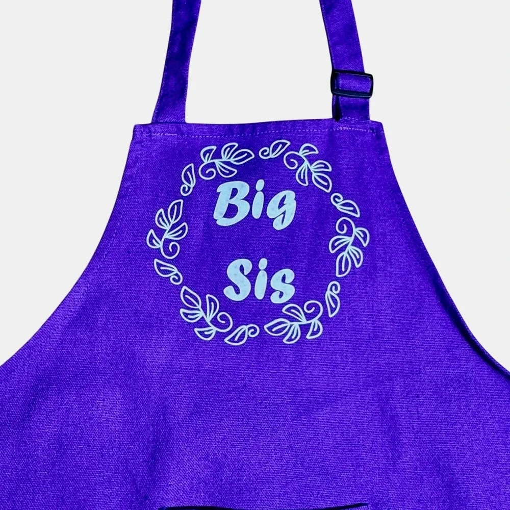 Big Sis Kid Purple Apron Childrens Cooking Baking‎ Crafting Adjustable Size Med.